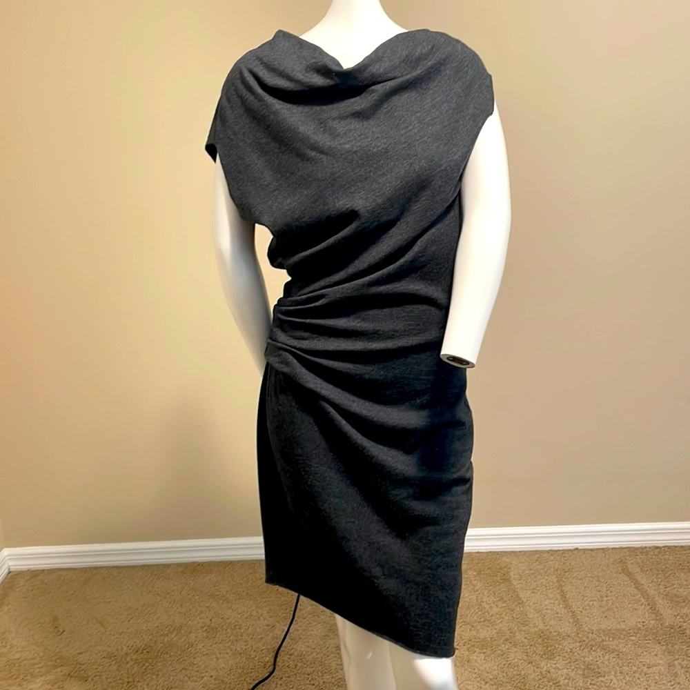 HELMUT LANG Gray 100% Wool Draped Cowl Neck Ruched Asymmetric Sheath Dress M